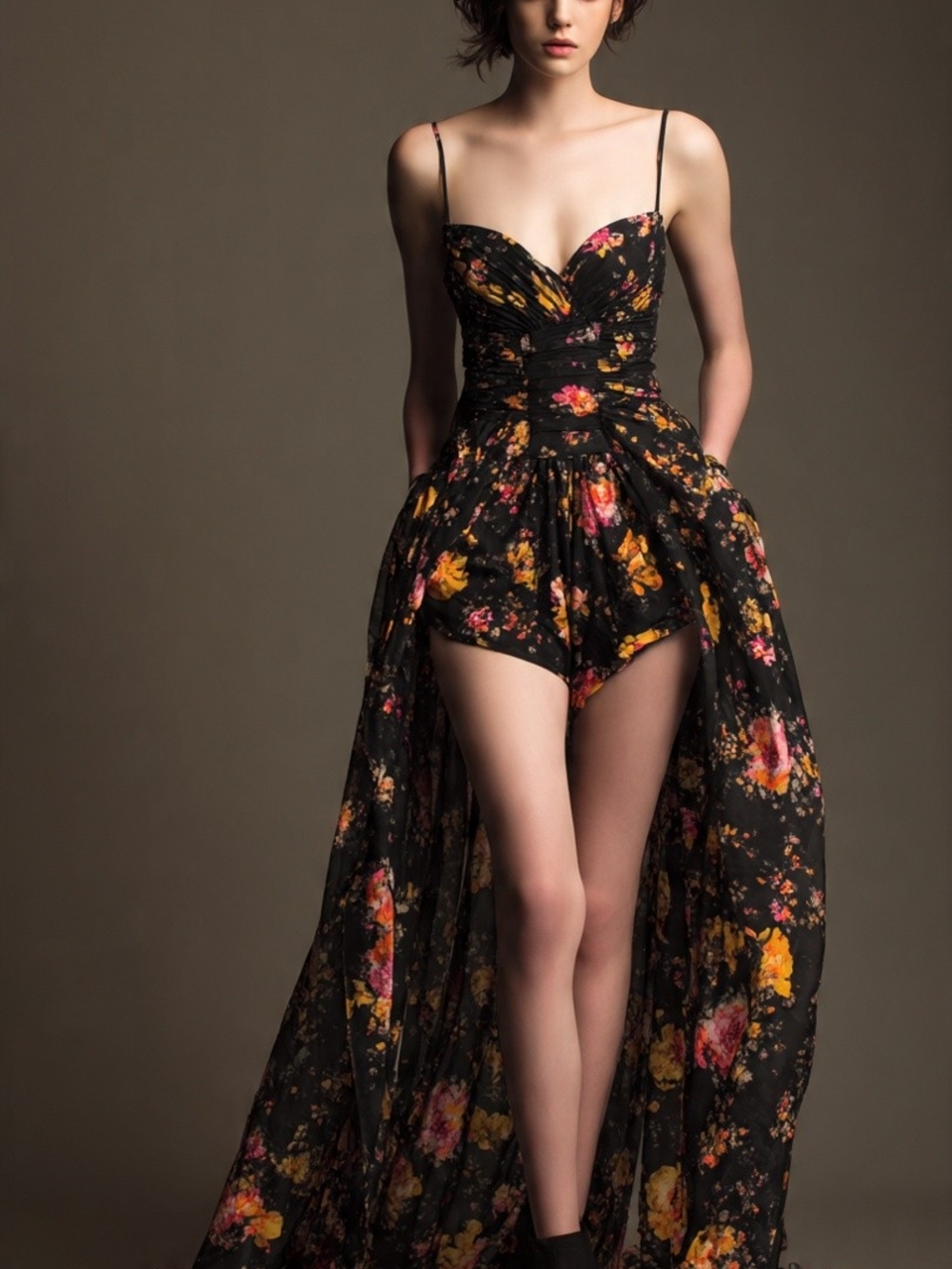 Black Floral High-Low Romper Dress